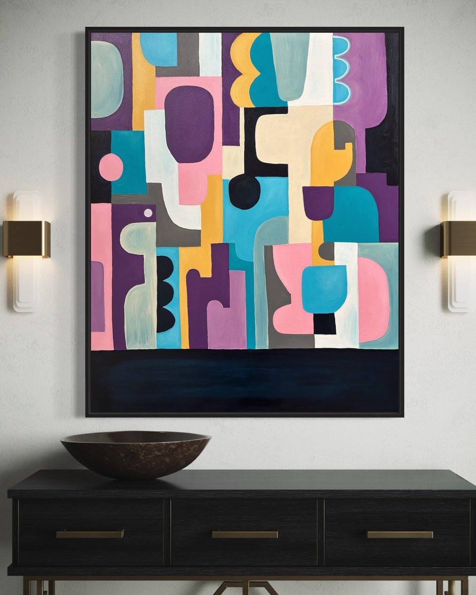 Geometric Abstract Acrylic Painting By Samantha Malone, 31 X 39", Funky Forms, Original Artwork