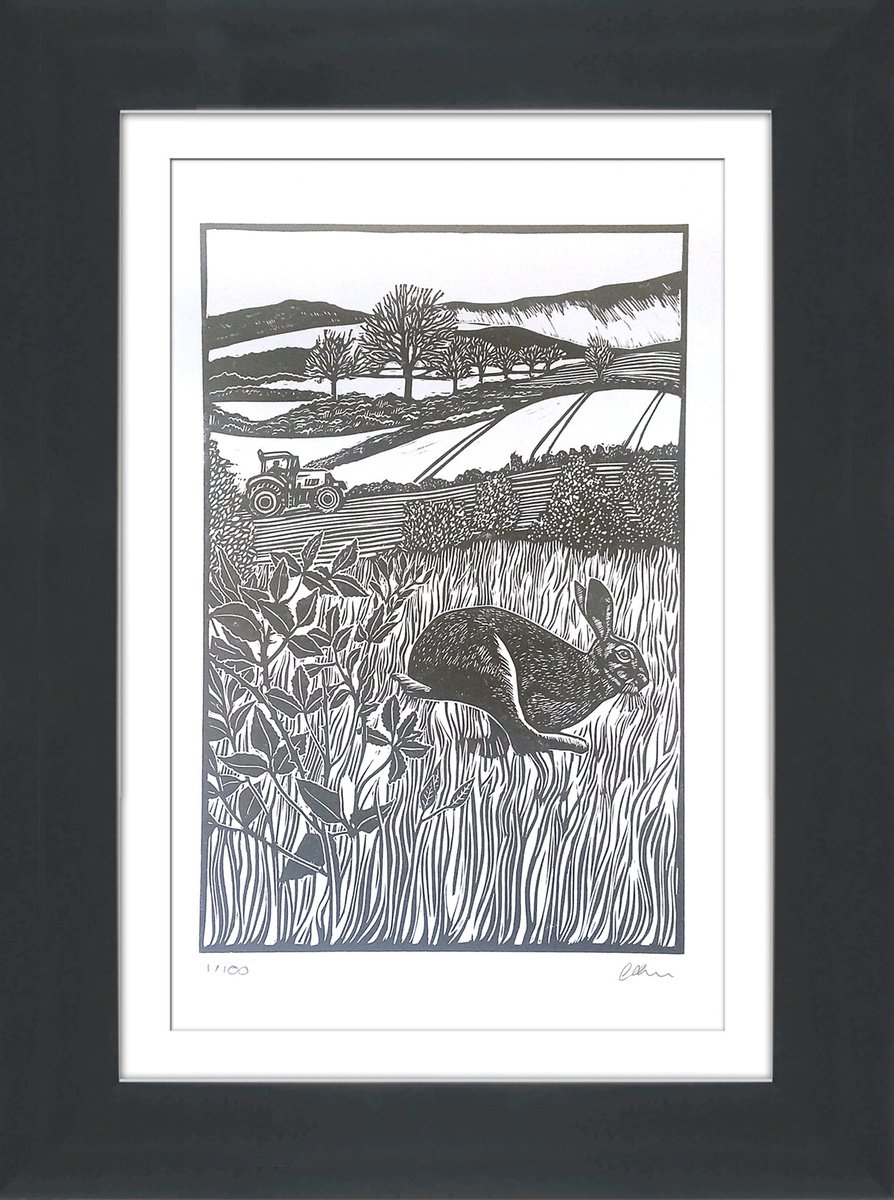 Landscape Linocut By Carolynne Coulson, 14 X 19, The Hare And The T... Tractor, Original Artwork
