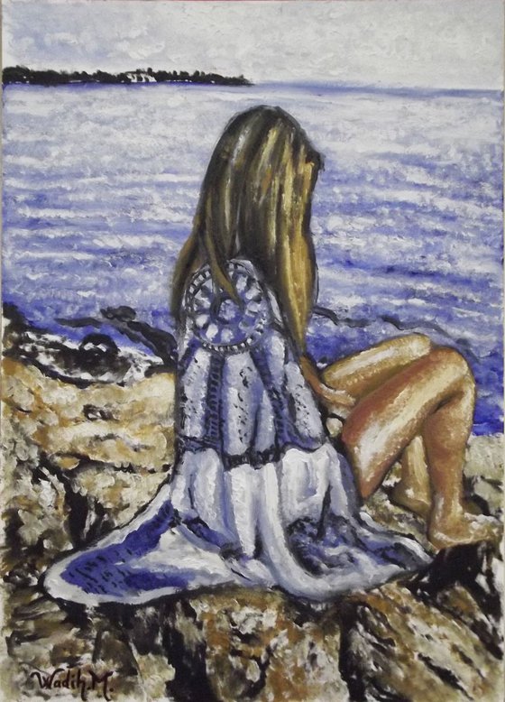 SITTING ON THE BEACH - Seascape view - 29.5x42 cm