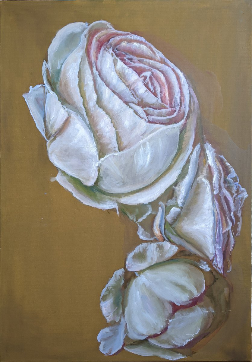 Impressionistic Botanical Oil Painting By Anna Brazhnikova, 28 X 39, Three Roses, Original Artwork