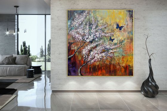 Two butterflies, flowers butterflies landscape large painting