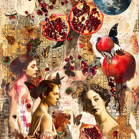 300 x 100 cm art Women and pomegranates. Colorful simbolic abstract huge artwork from 3 pieces. Bright red gold large wall art for home decor