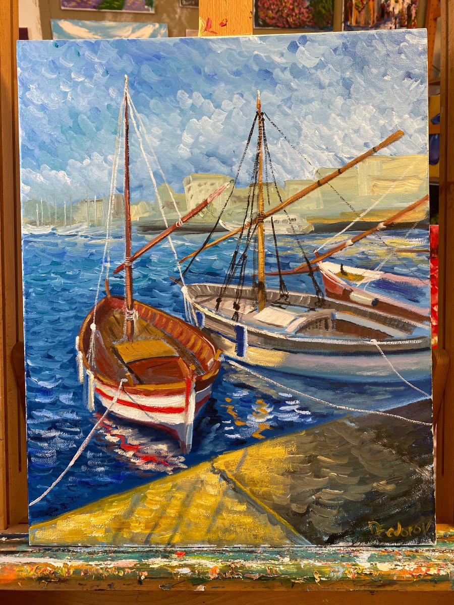 Impressionistic Landscape Oil Painting By Dmitry Fedorov, 16 X 20, Sailboats At Golden Hour, Original Artwork