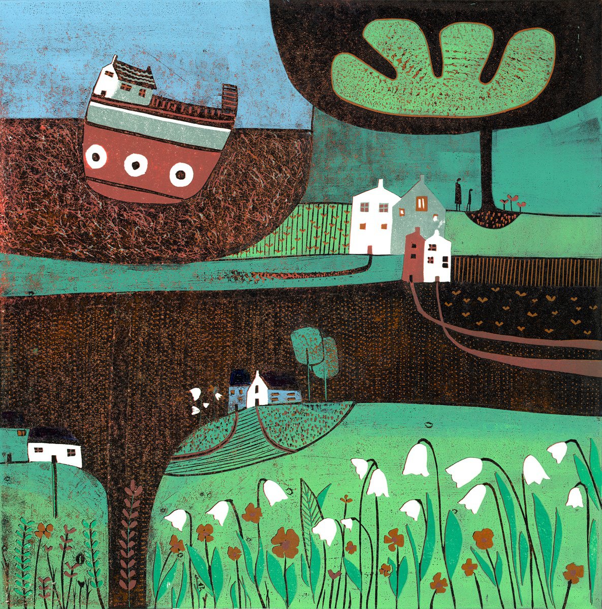 Graphic Landscape Linocut By Layla Khani (Aka Laylart), 15 X 15", Autumn Days- Linocut, Original Artwork