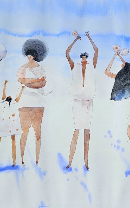 Joyful Beach Scene - Watercolor Painting by Olga Sova