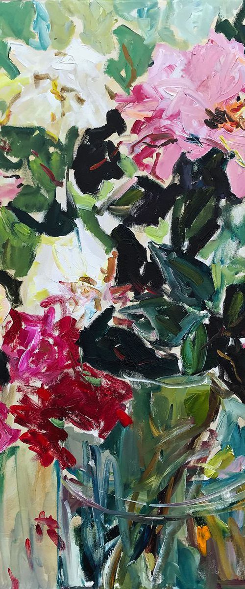 Roses in a glass vase. by Lilia Orlova-Holmes