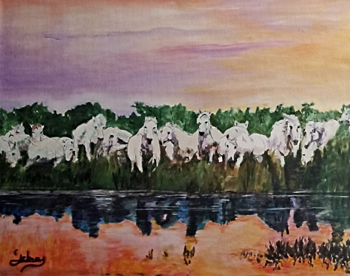 Impressionistic Animal Oil Painting By Isabelle Lucas, 16 X 13, White Horses And Reflections, Original Artwork