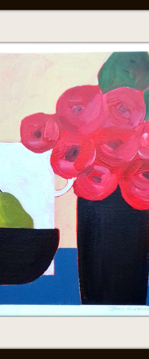 Still Life with Red Flowers and a White Jug by Jan Rippingham