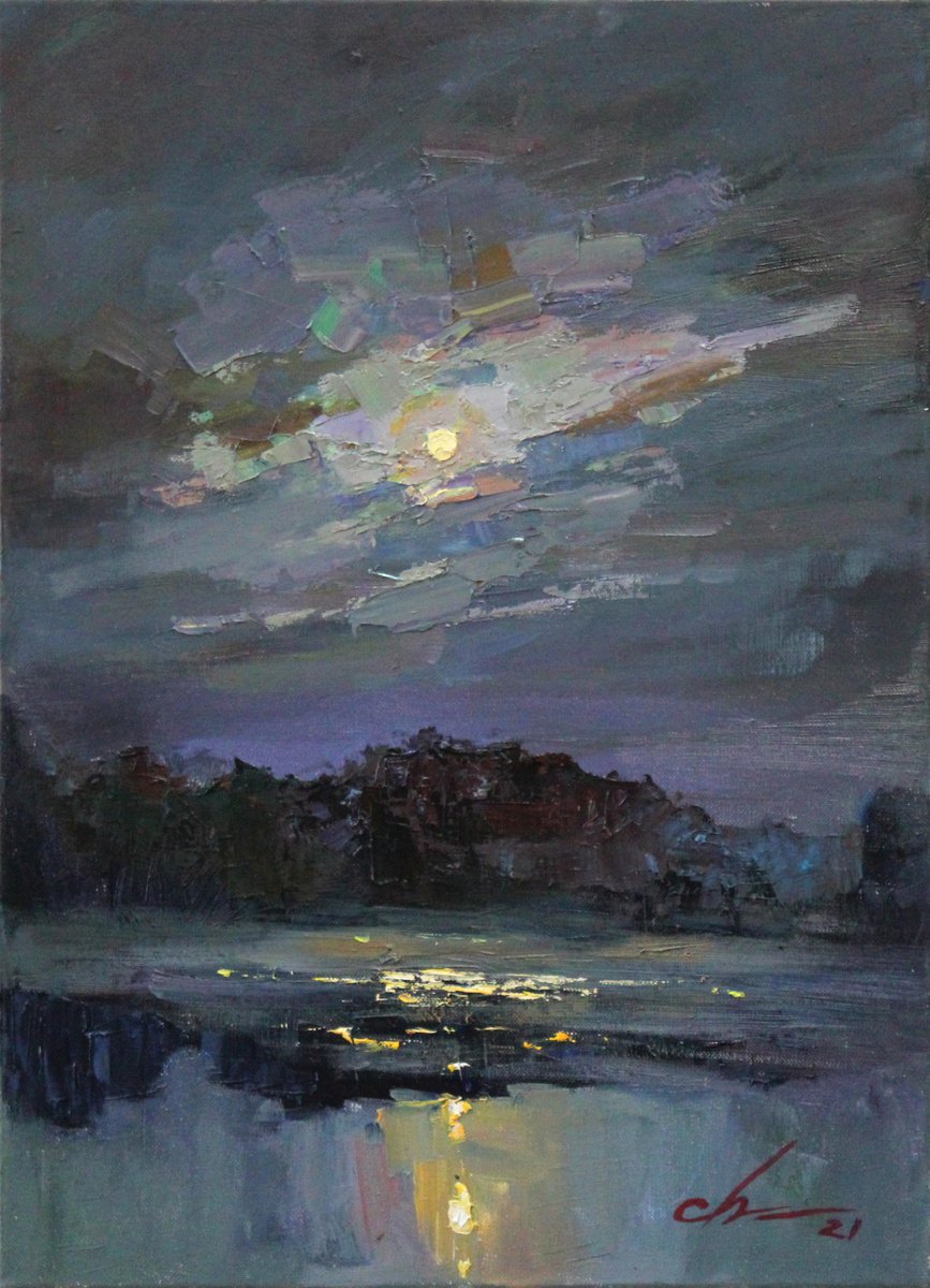 Impressionistic Landscape Oil Painting By Serhii Cherniakovskyi, 16 X 22", Full Moon Over The River, Original Artwork