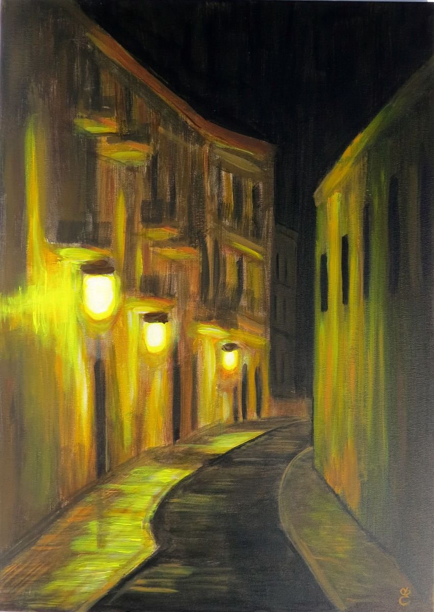 Expressive Cityscapes Acrylic Painting By Dmytro Yeromenko, 20 X 28, Night Street, 50*70, Original Artwork