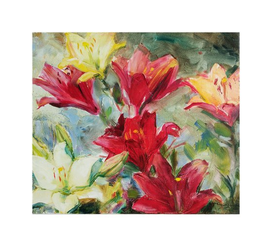 Lilies. Summer moments. Original plein air oil painting