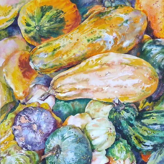 Autumn sweets - original watercolor painting, bright and pale colors, structure and texture