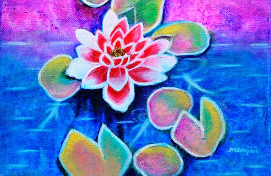 Pink lotus in pond acrylic on canvas