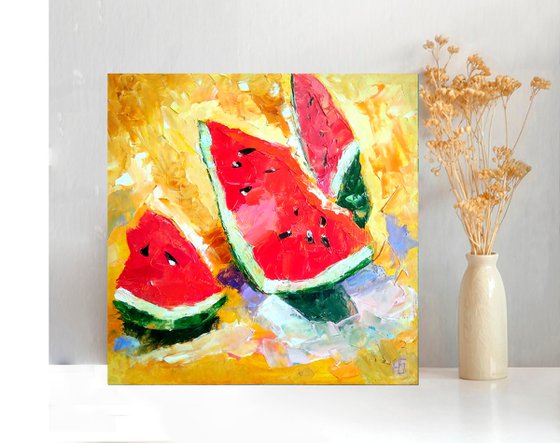 Watermelon Painting Original Art Fruit Artwork Still Life Kitchen Wall Art