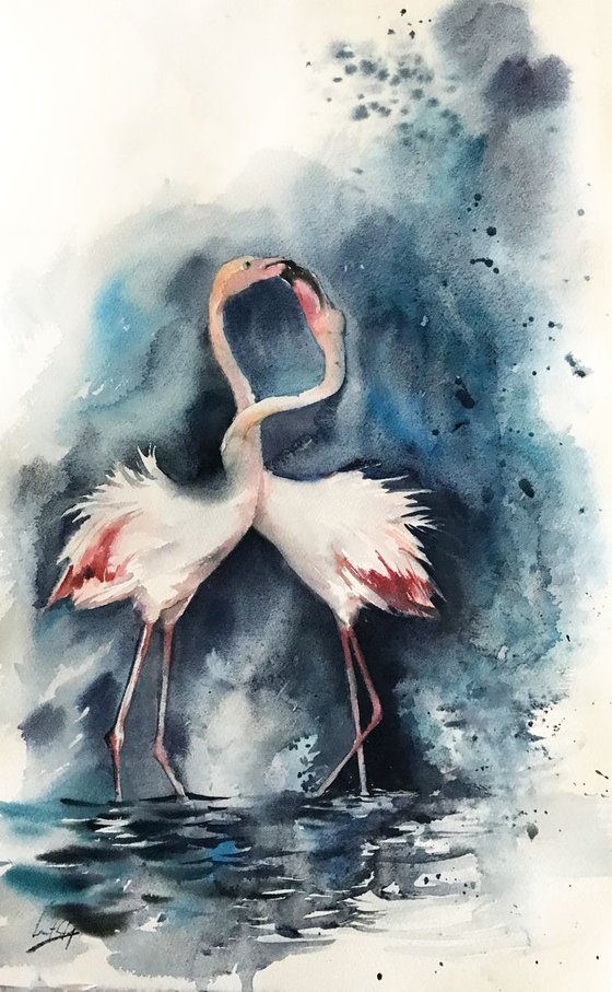Flamingos couple Original Watercolor painting