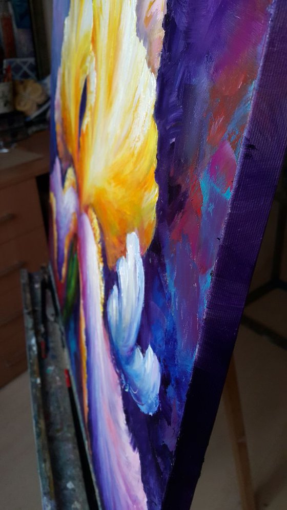 Oil flowers Painting " Iris " , impasto original art 70x60cm