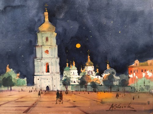Night sketch in Kyiv. Sophia Square by Andrii Kovalyk