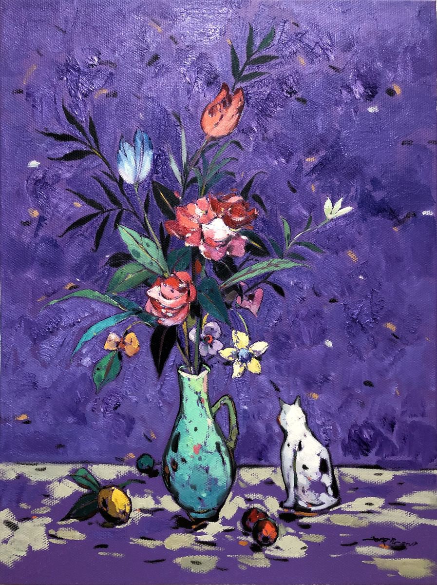 Impressionistic Botanical Oil Painting By Kunlong Wang, 24 X 31", Still Life Oil Painting:floral In The Vase With Cat, Artfinder