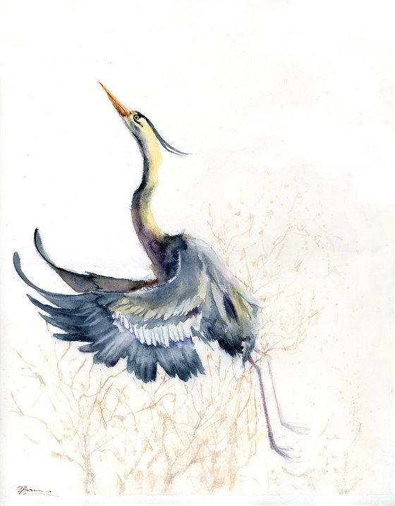 Flying Heron  -  Original Watercolor Painting