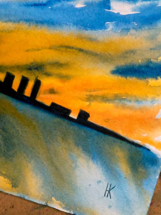 Skyscape Painting Ukraine Original Art City Watercolor Landscape Artwork Home Wall Art 17 by 12 by Halyna Kirichenko