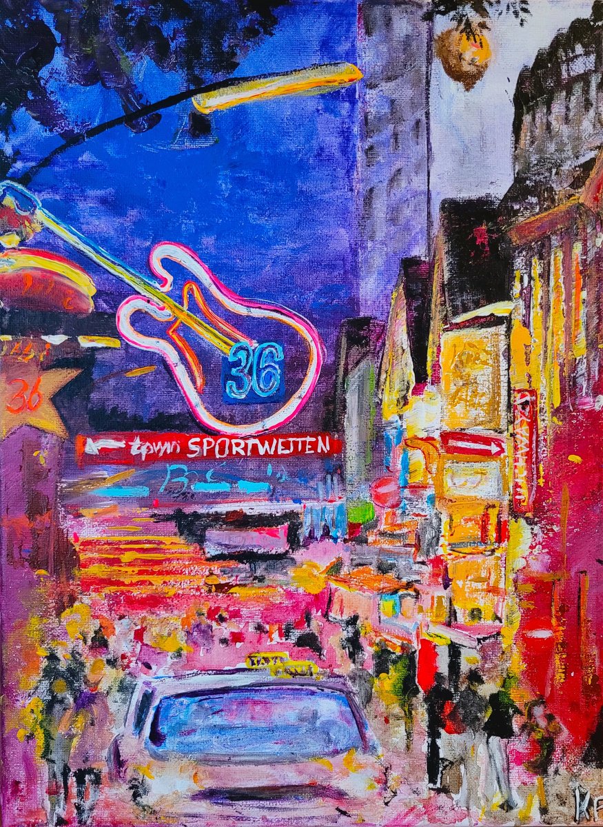 Impressionistic Cityscapes Acrylic Painting By Kathrin Floge, 12 X 16", Hamburg Reeperbahn, Original Artwork