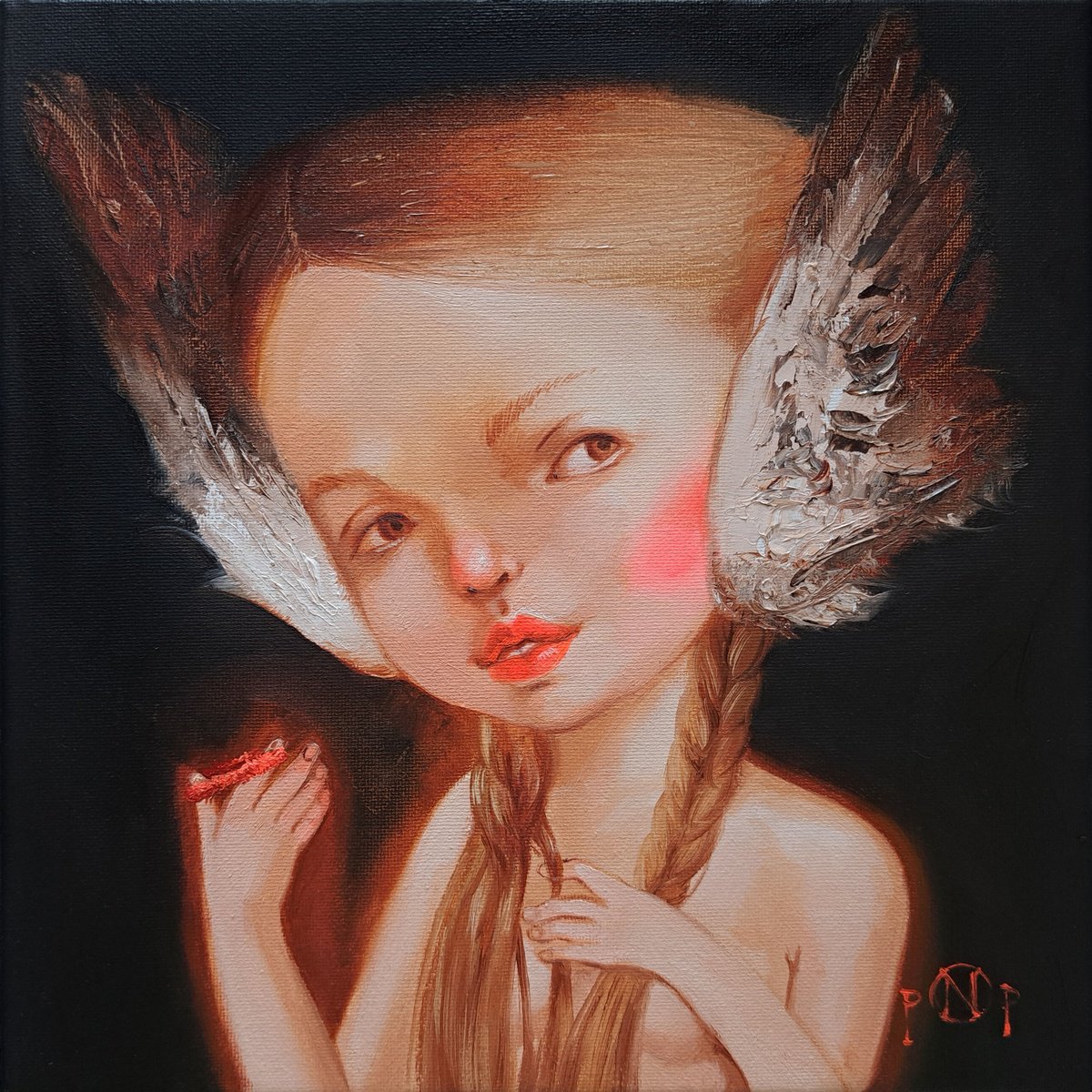 Surrealistic Portrait Oil Painting By Nataly Derevyanko, 8 X 8", Flight Preparing, Original Artwork