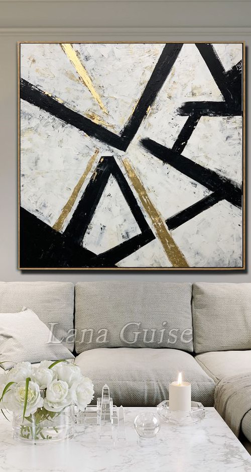 Black and White Abstract Painting, 40" Golf Leaf, Minimalist Art, Modern Wall Art Decor, Original Textured Painting by Lana Guise