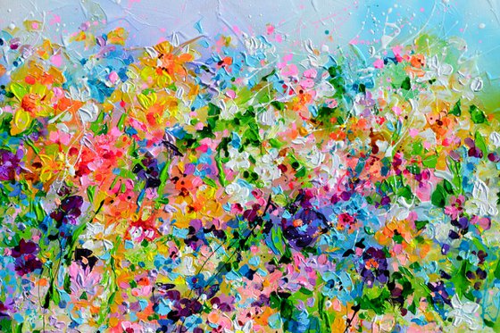 I've Dreamed 23 - Colorful Spring Floral Painting, Daffodils, Pansies, Snow Drops, Primroses - 150x60 cm, Palette Knife Modern Ready to Hang Floral Painting - Flowers Field Acrylics Painting