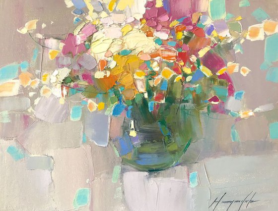 Vase of Flowers, Oil painting, One of a kind, Handmade artwork