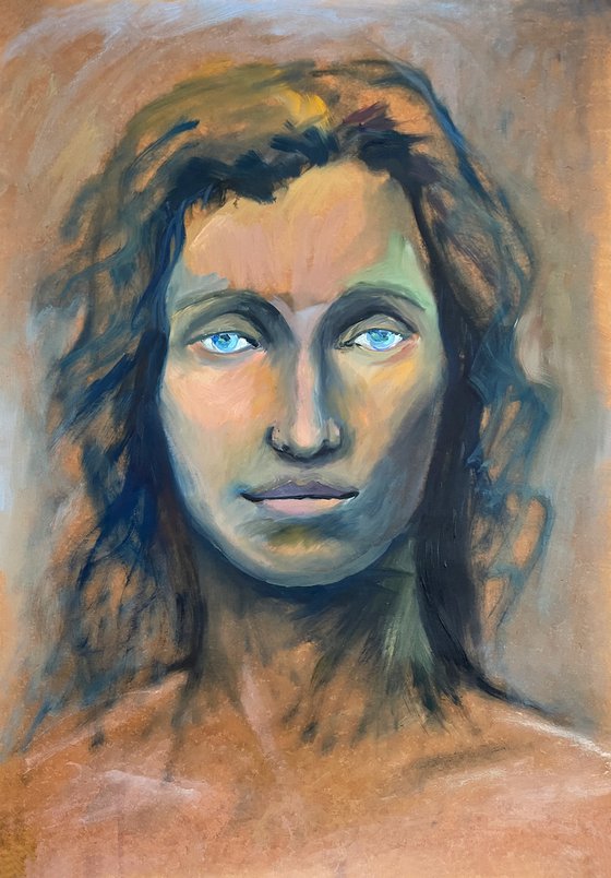 WOMAN'S PORTRAIT (MIST) - small oil painting on kraft paper with a girl with blue eyes indigo gift idea home decor