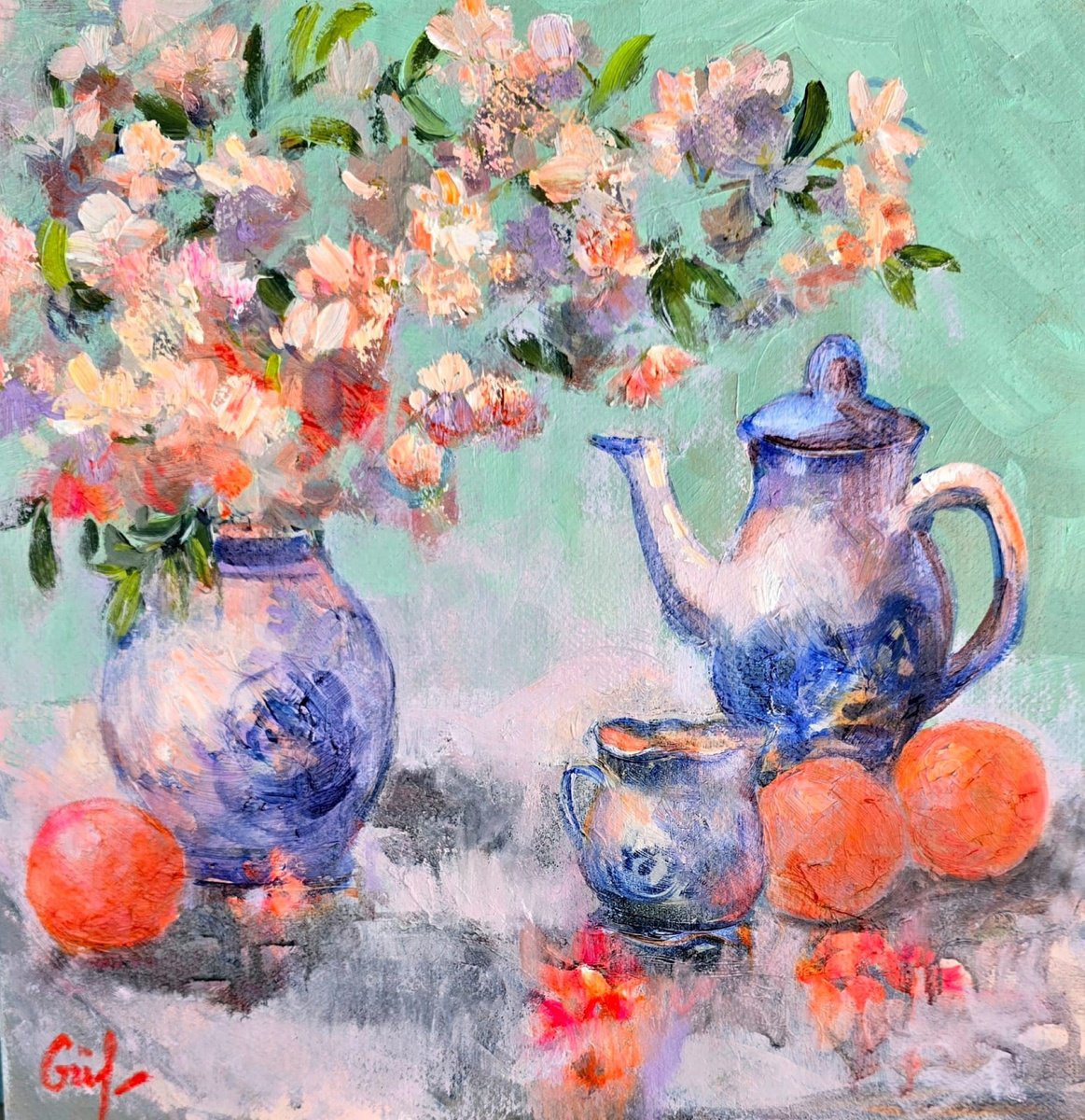 Oil Painting , Blossoms And Blue Porcelain By Gulshaba Abbasova, 16 X 16, Artwork For Sale On Artfinder