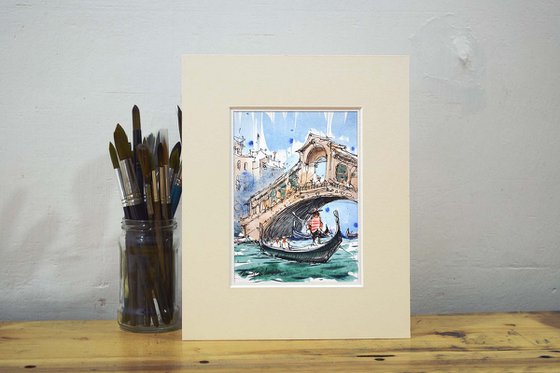 Rialto Bridge in Venice, Italy, ink and watercolor wash on paper.