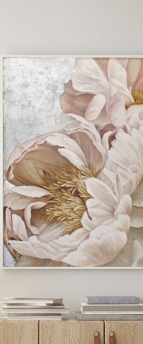 "Silk Flowers" Pink silver peonies oil art by Olha