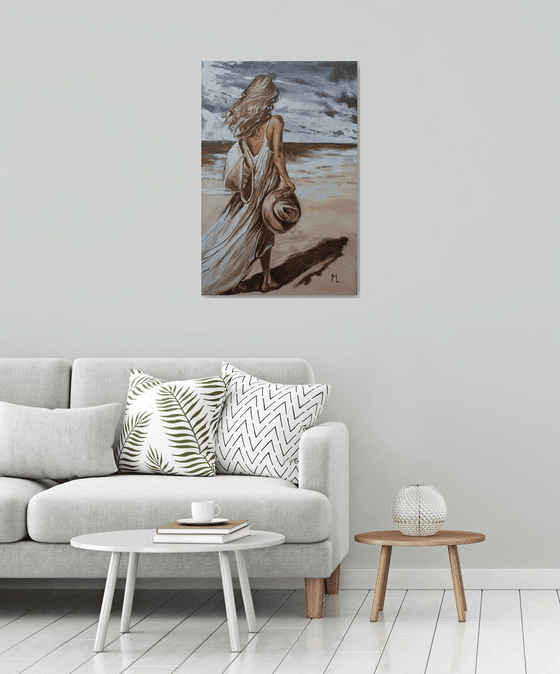 " MORNING WALK ON THE BEACH WITH HAT "