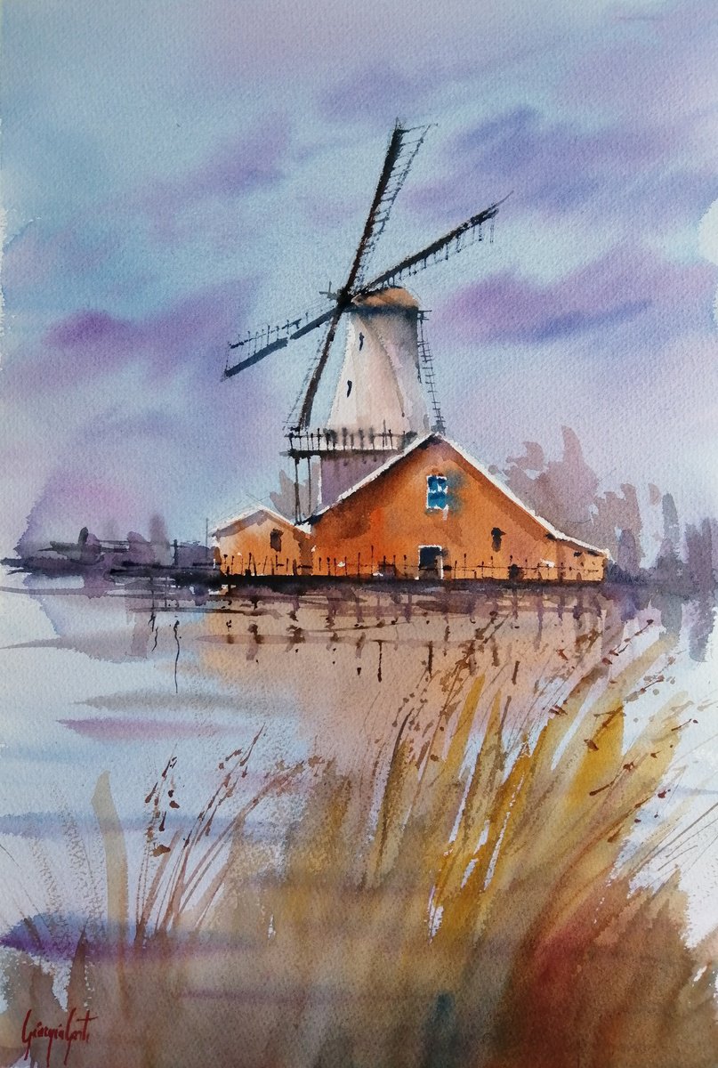 Impressionistic Watercolour , Windmill 12 By Giorgio Gosti, 14 X 21, Artwork For Sale On Artfinder