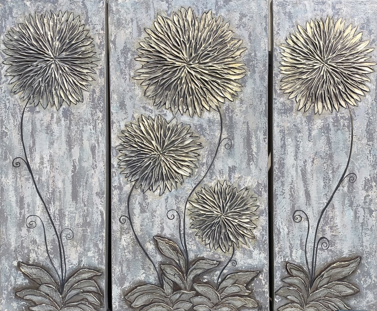 Abstract Botanical Acrylic Painting By Hasmik Mamikonyan, 28 X 24, Silver Elegance, Original Artwork