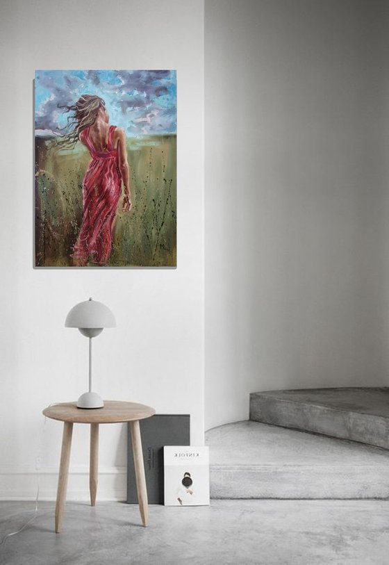 " IN RED ... " - 50x70cm original oil painting on canvas, gift, palette kniffe