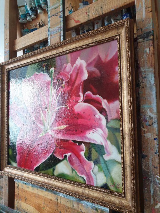 "Oh, lily ..."  pink red flower lily liGHt original painting  GIFT (2021)