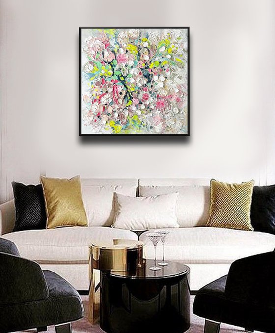 Shadow Dance - 3D White Beige Pink Green Yellow Multicolor Abstract Painting  Flower Original Plant Texture Painting