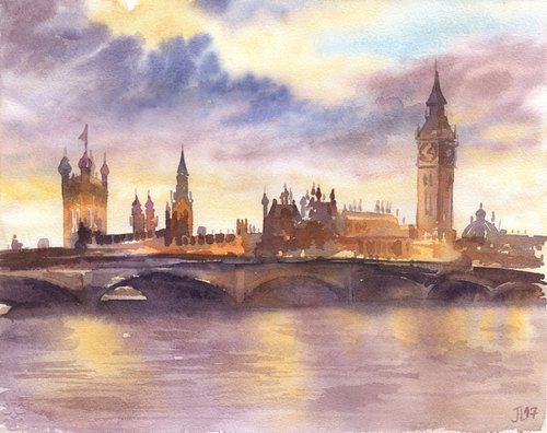 London Bridge Cityscape Original Watercolor painting small size gift River Thames Big Ben Tower by Julia Logunova
