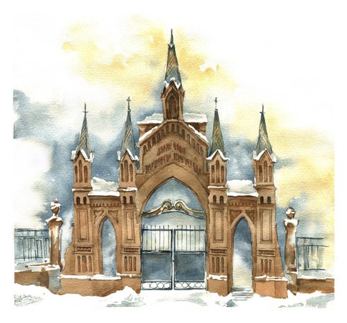 "Brick gate" architectural sketch in watercolor by Ksenia Selianko