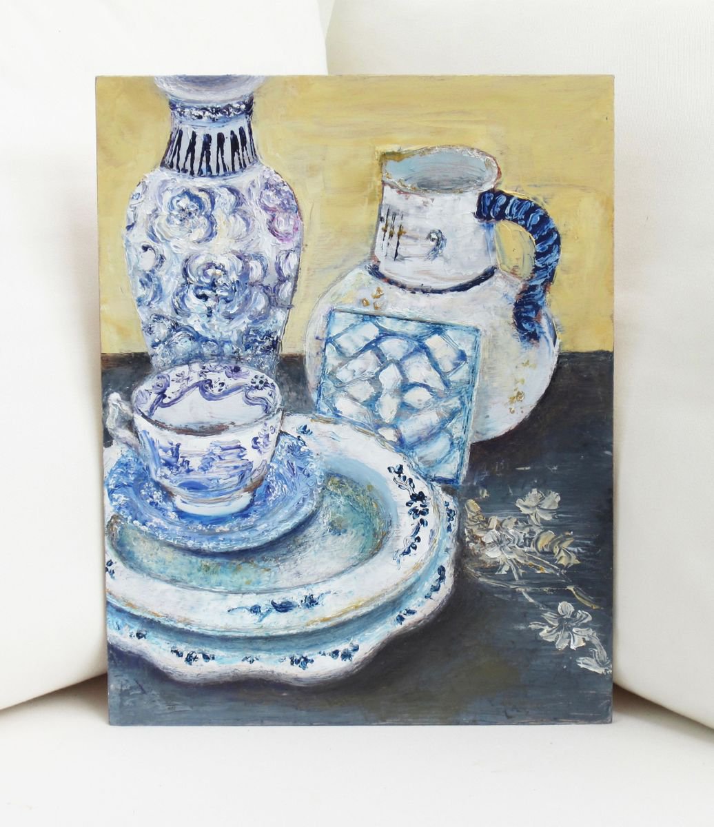 Impressionistic Still Life Oil Painting By Jacqueline Talbot, 11 X 14, Blue, White And The Rest, Original Artwork