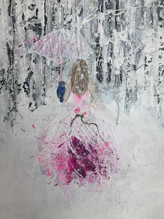 "Storm" girl with umbrella and bird in snow forest winter