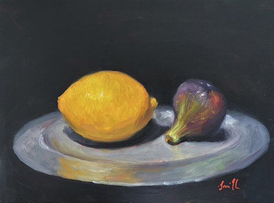 A Lemon, a fig & a Pewter Plate.