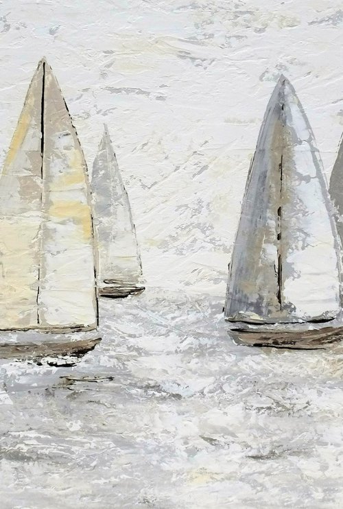 SIMPLY SAILING. Sailboats Regatta Beige Seascape Coastal Painting by Sveta Osborne