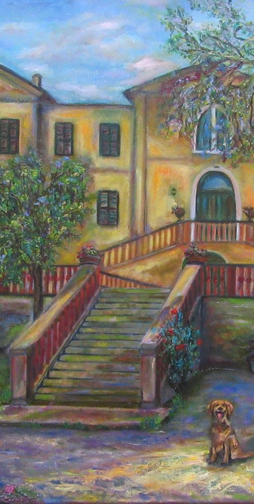 A Walk in a Shady Italian Garden of a Victorian Lady with a Dog Pet Impressionism Monet Classical Scene House Park Trees Garden Original Oil Art Bench Umbrella Villa Stairs by Katia Ricci