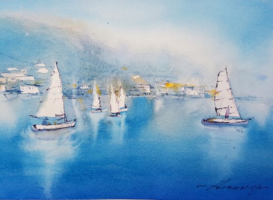 Calm sea landscape. Morning sail  Original watercolor picture.