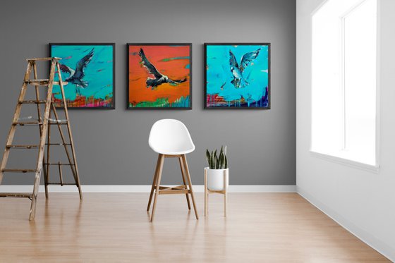 Huge bright triptych - "Sea ​​breeze" - Pop Art - Bird - Sea - Ocean - Seagull - Triptych - Sunset