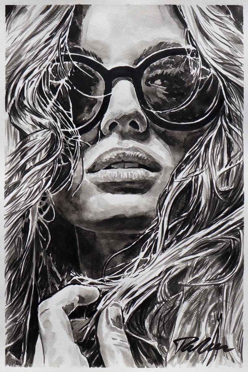 Urban And Pop Portrait Ink Drawing By Tashe, 12 X 18", Whispers Of The Sun, Original Artwork