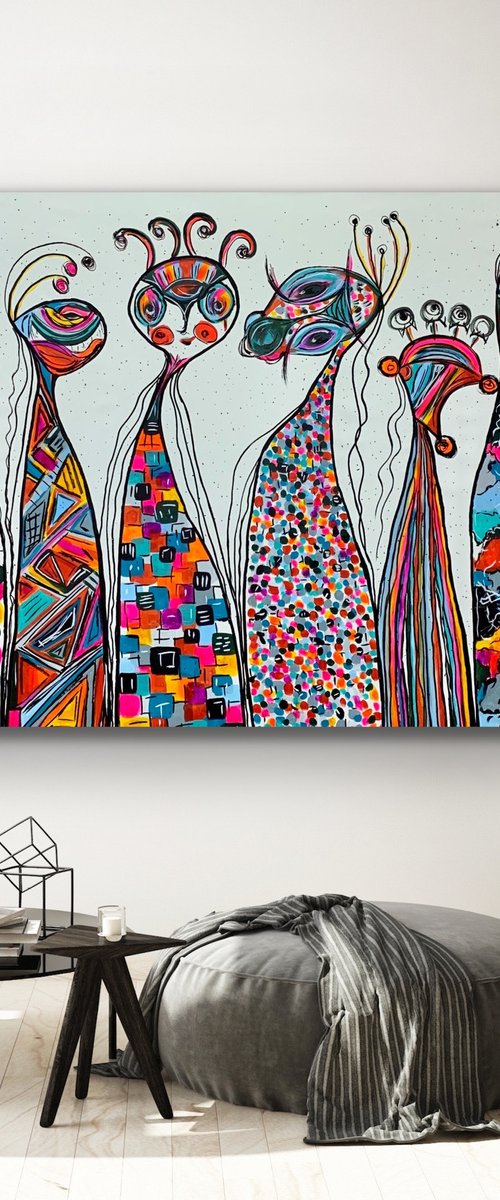 78''x 50''(200x125cm), Friends 45, blue, pink, red, orange, green black, land earth colors canvas art  - xxxl art - abstract art painting- extra large art by Veronica Vilsan
